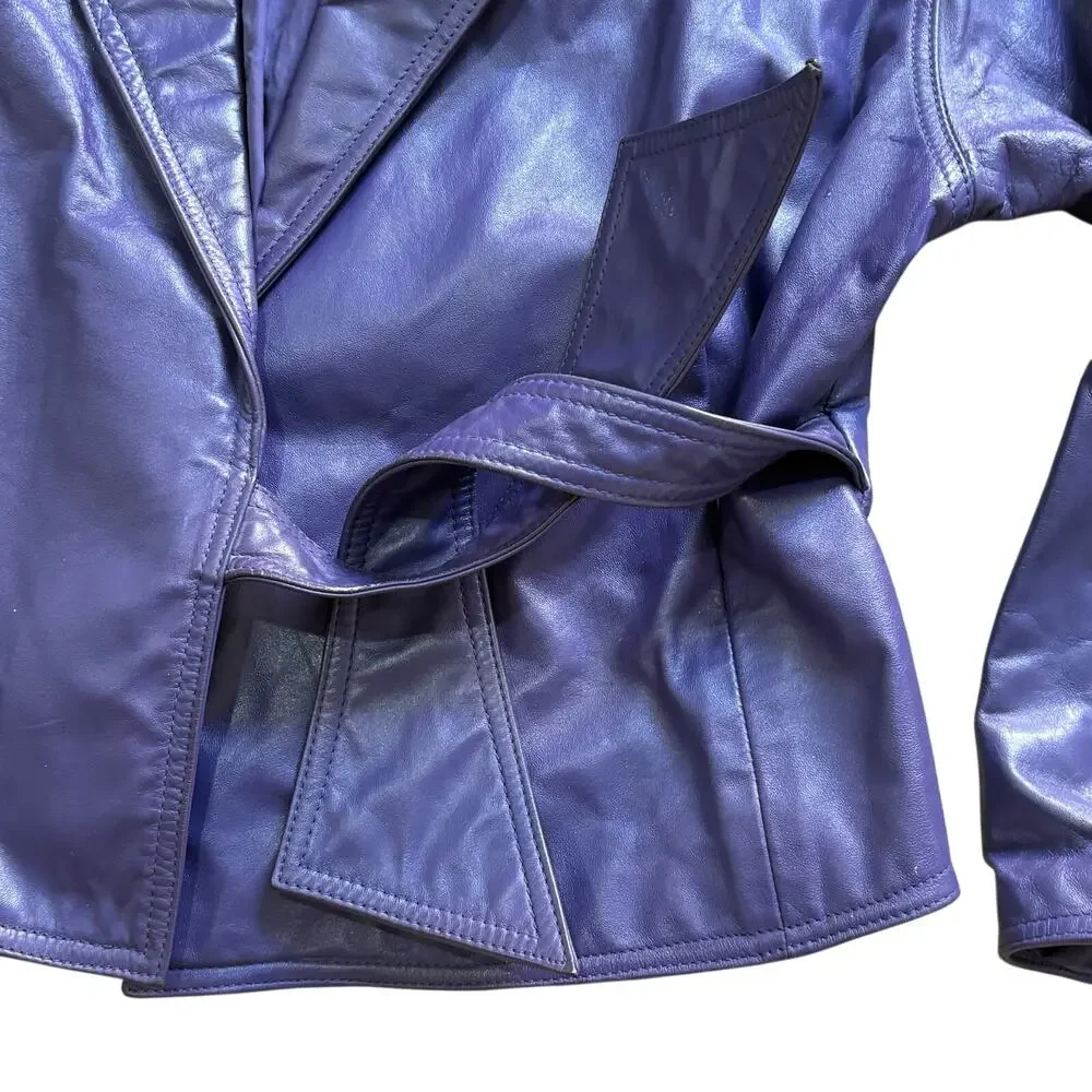 Vintage 80’s Wilsons Leather Women’s Purple Cropped Waist Jacket Tie Belt Large - Picture 5 of 9